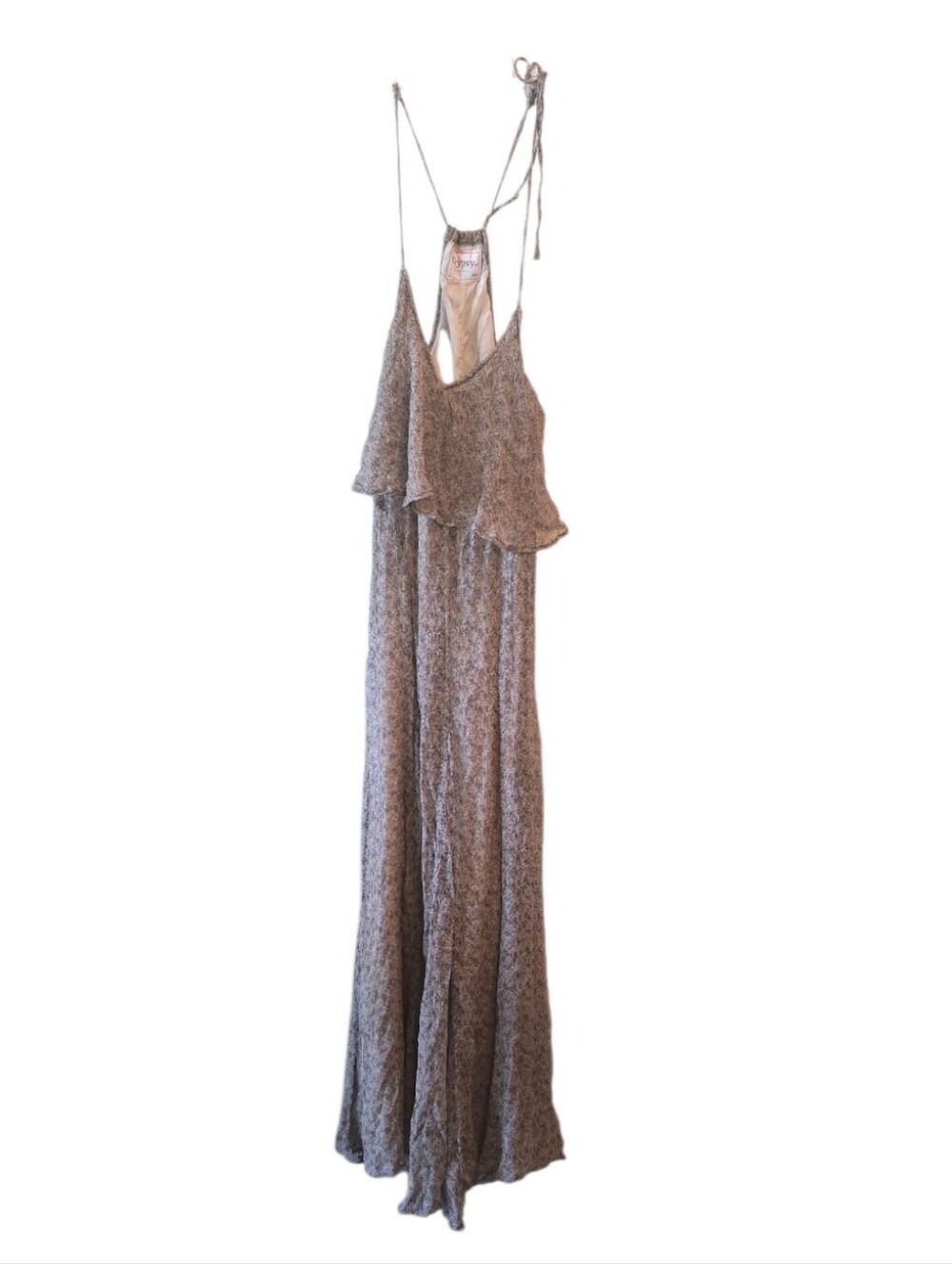 💜 GYPSY 05 100% Silk Floral Maxi Dress Feminine Adjustable Neck Tie XS Fall
